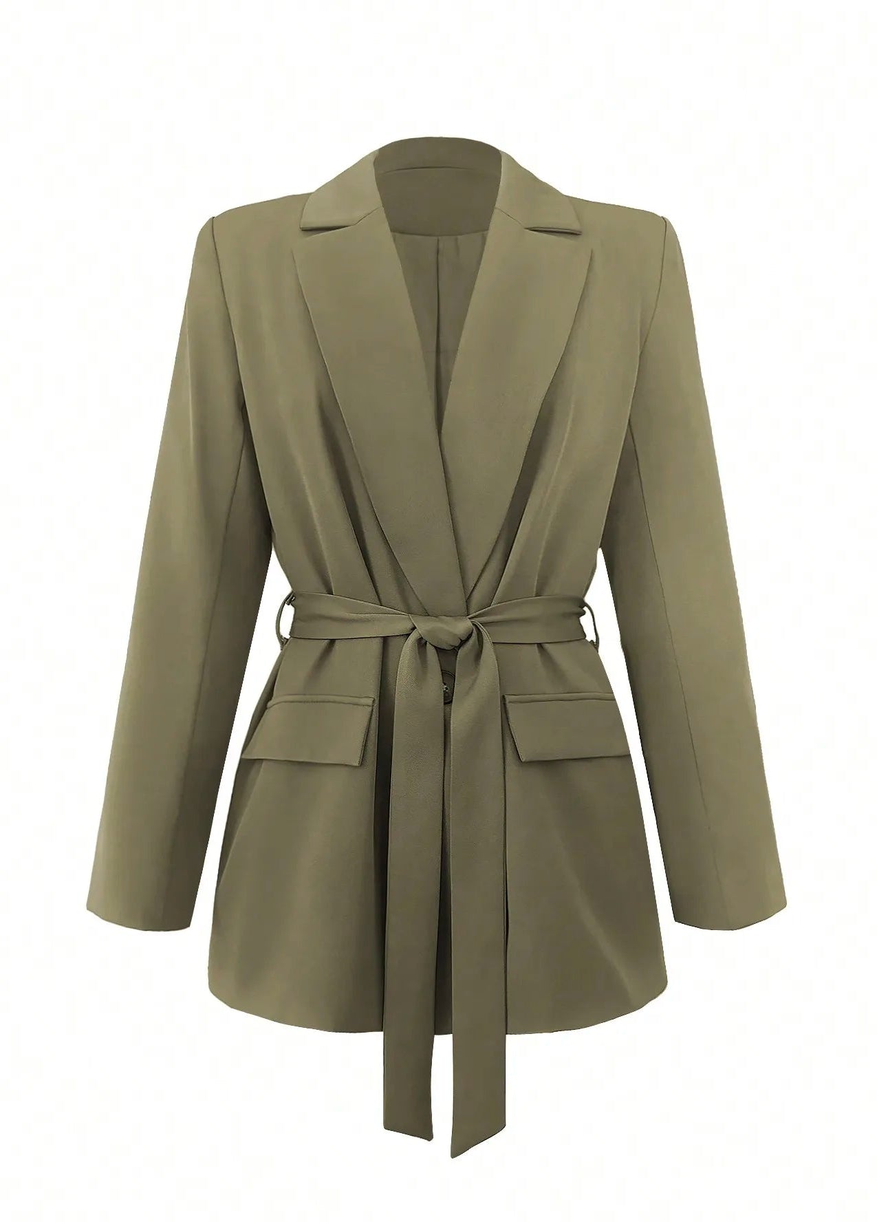 Olive Green Fitted Tie-Waist Blazer Jacket LAPANIA