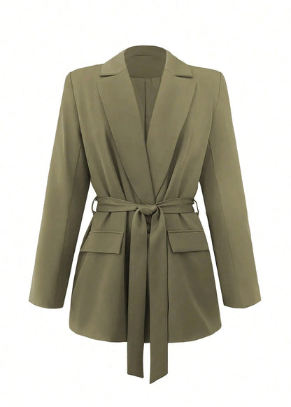 Olive Green Fitted Tie-Waist Blazer Jacket LAPANIA