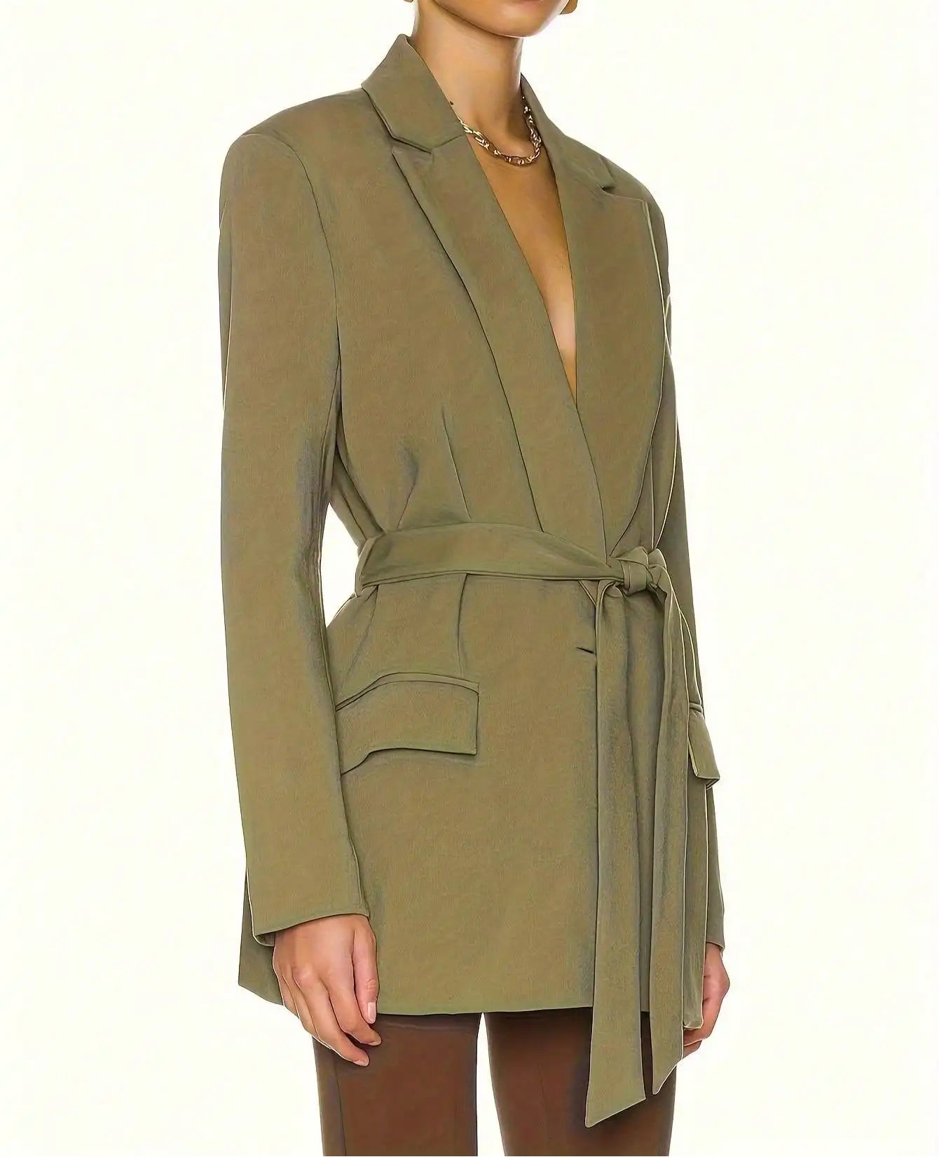 Olive Green Fitted Tie-Waist Blazer Jacket LAPANIA
