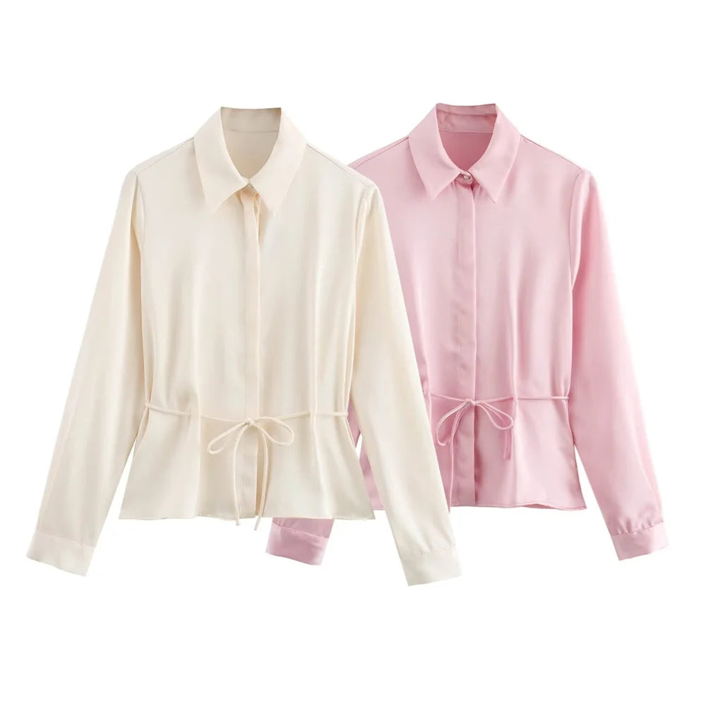 Waist-Tie Silk-Texture Shirt LAPANIA