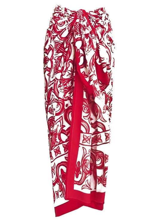 Red and white patterned scarf on a white background
