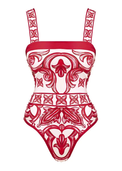 Red and white patterned swimsuit on a white background