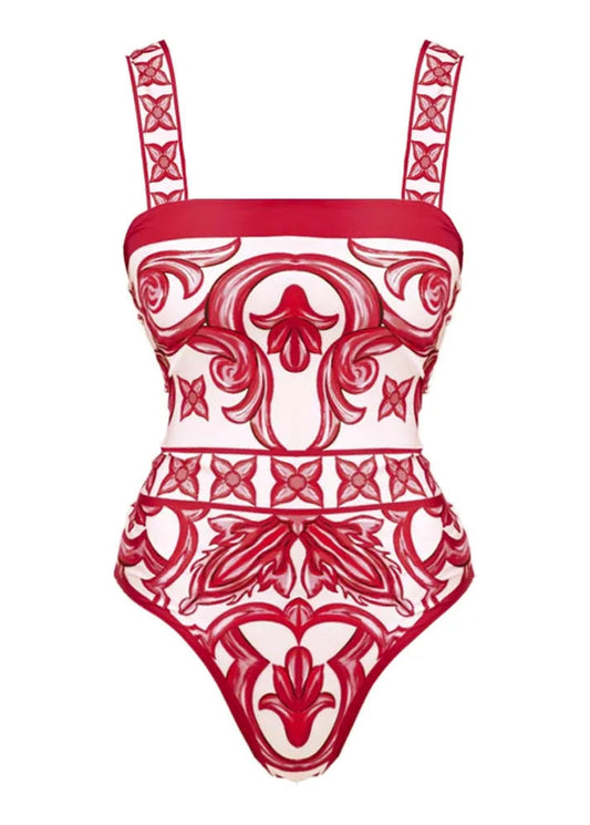 Red and white patterned swimsuit on a white background