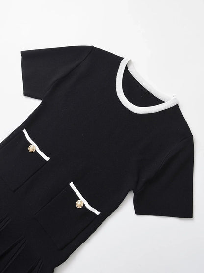 Black Knit Mini Dress with Gold Button Detail LAPANIA