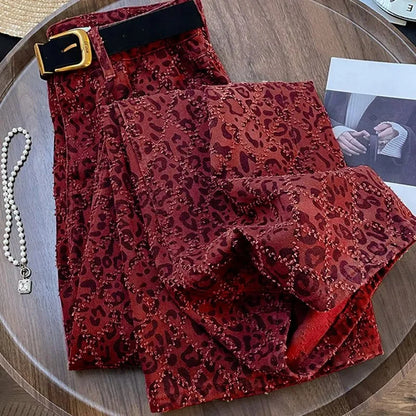Burgundy Leopard Print Wide-Leg Jeans