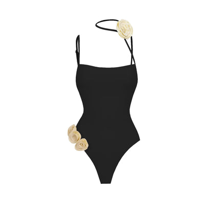 Floral Accent Swimsuit & Fringe Cover-Up Set – Black