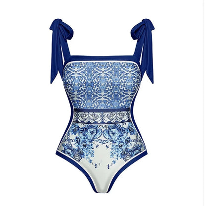 Blue Tile Print Swimsuit with Skirt Cover-Up