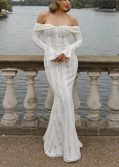 Off-Shoulder White Lace Maxi Dress