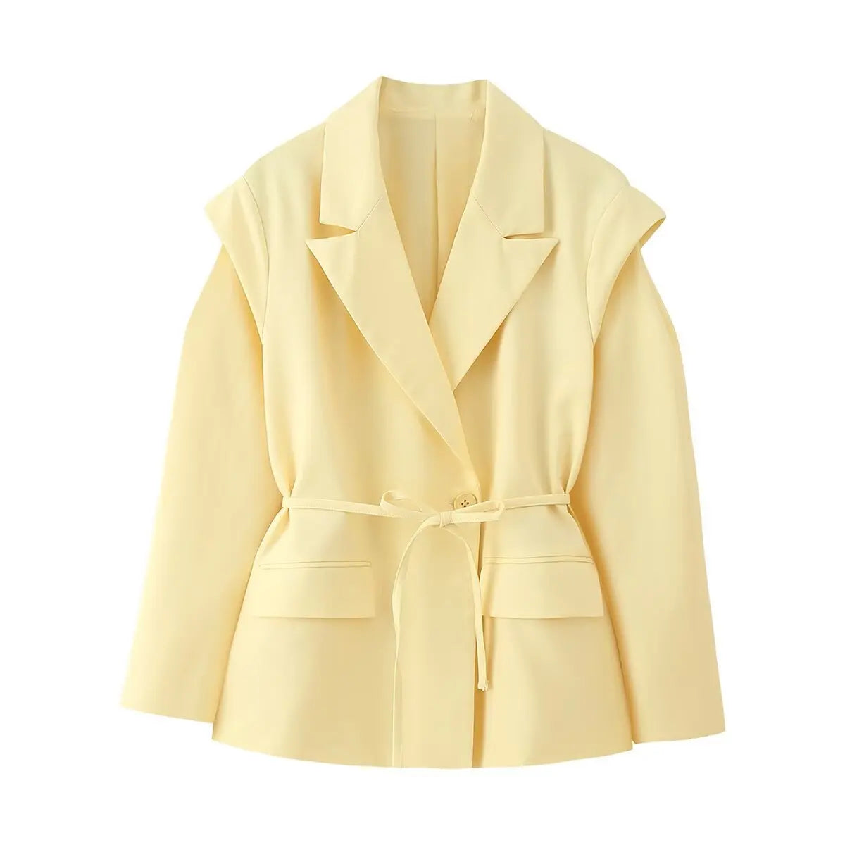 Waist-Tie Blazer with Padded Shoulder Effect
