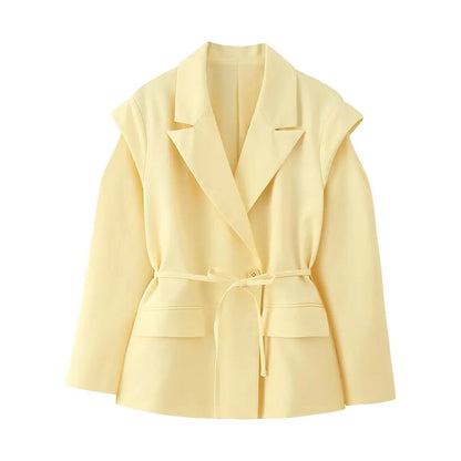 Waist-Tie Blazer with Padded Shoulder Effect
