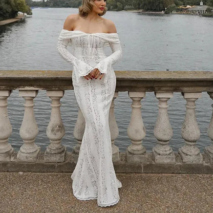 Off-Shoulder White Lace Maxi Dress