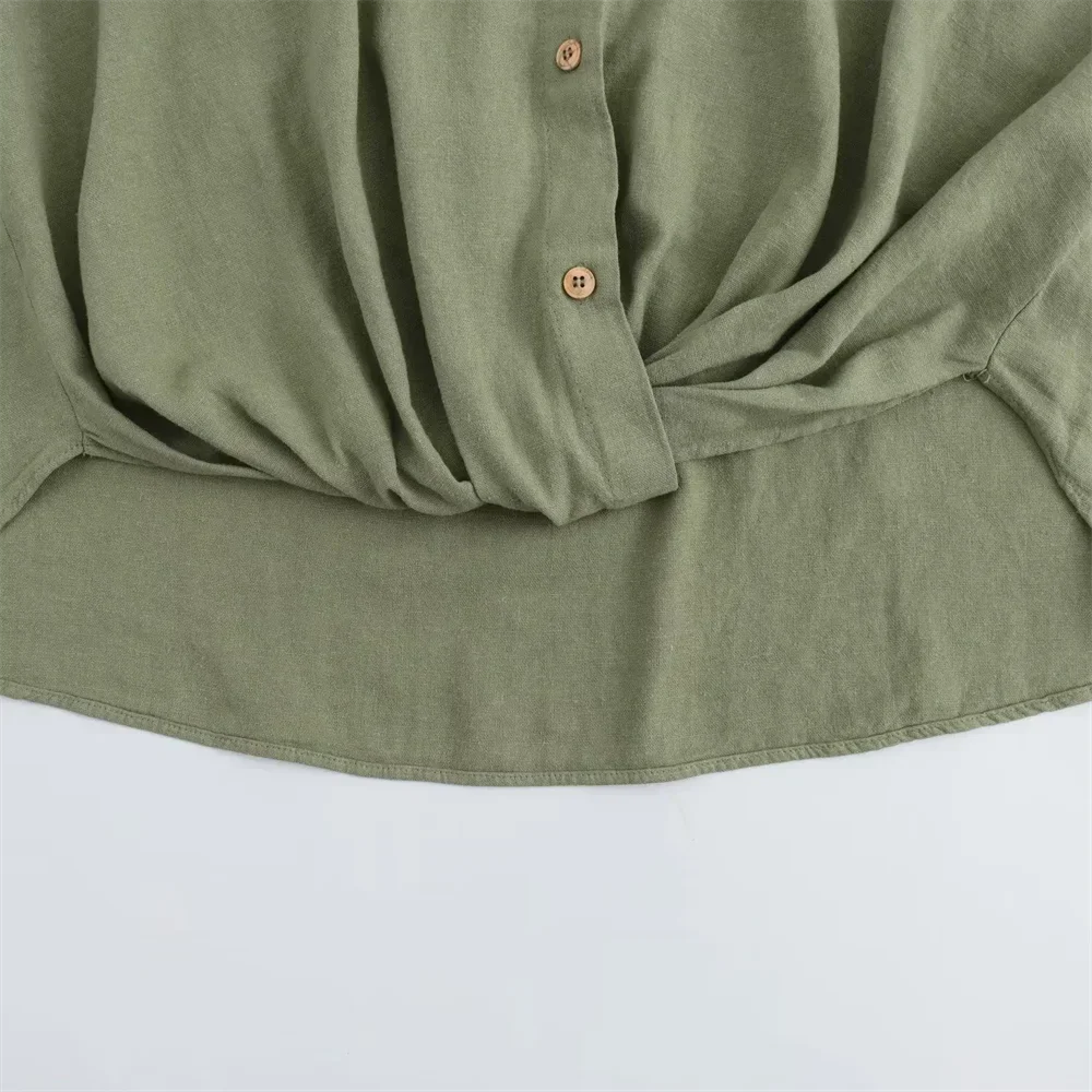 Green Casual Lapel Top with Knot Detail LAPANIA