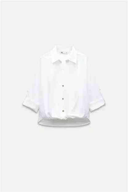 Green Casual Lapel Top with Knot Detail LAPANIA