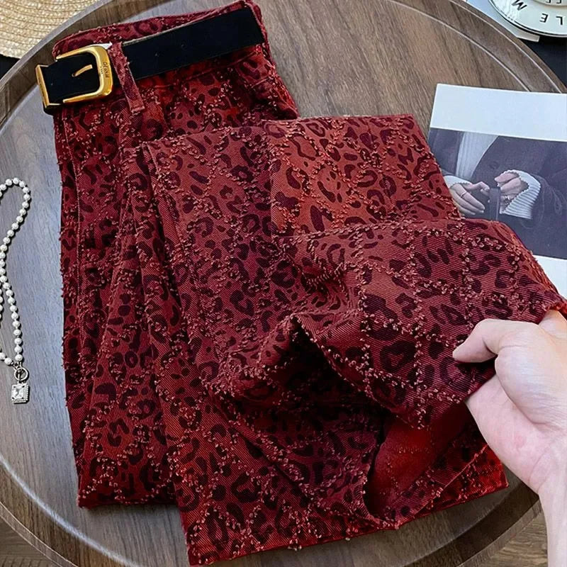 Burgundy Leopard Print Wide-Leg Jeans