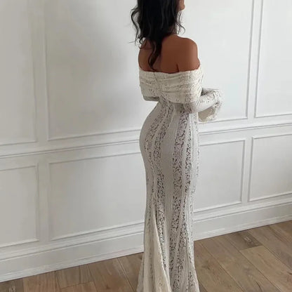 Off-Shoulder White Lace Maxi Dress