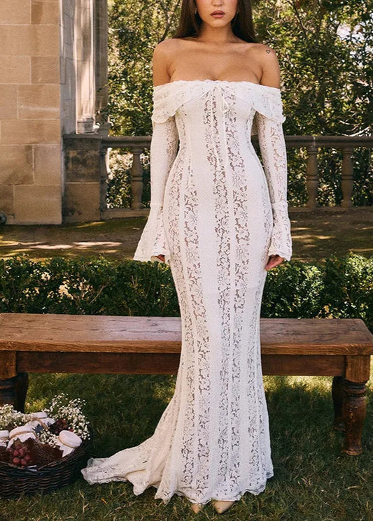 Off-Shoulder White Lace Maxi Dress