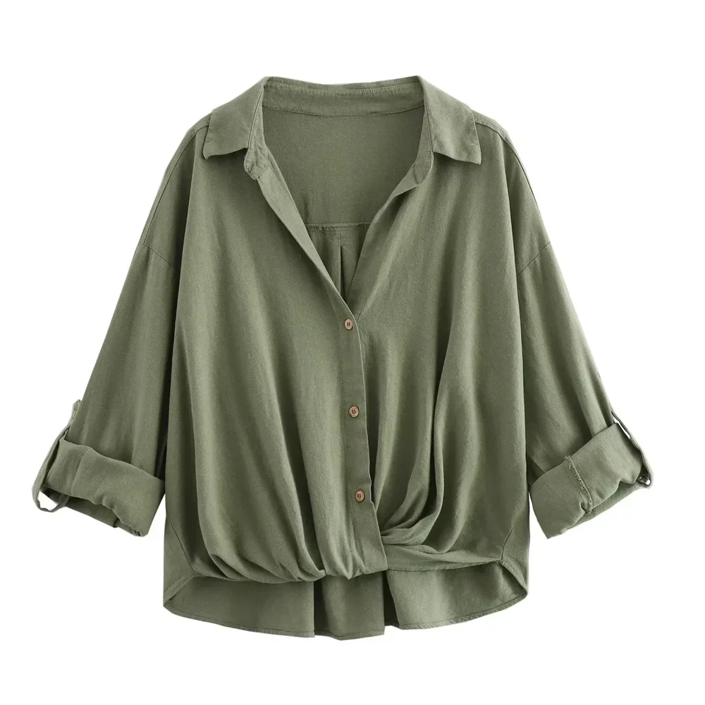Green Casual Lapel Top with Knot Detail LAPANIA