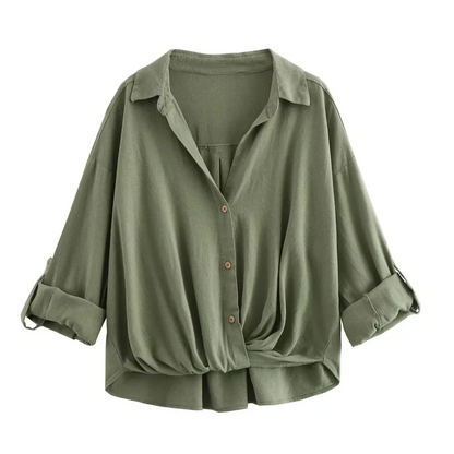 Green Casual Lapel Top with Knot Detail LAPANIA