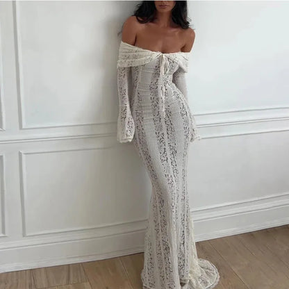 Off-Shoulder White Lace Maxi Dress