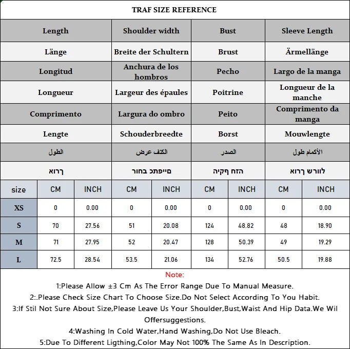 Size reference chart for clothing with measurements in centimeters and inches.