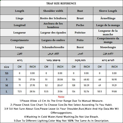 Size reference chart for clothing with measurements in centimeters and inches.