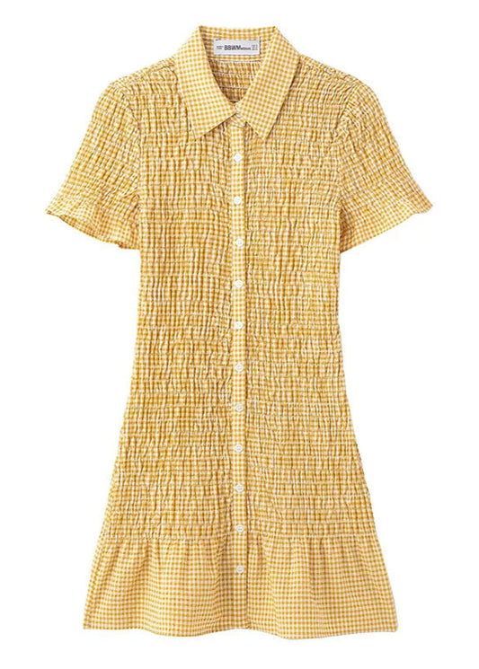 Elegant butter yellow plaid mini dress with smocked bodice and turn-down collar – LAPANIA Spring Allure Collection