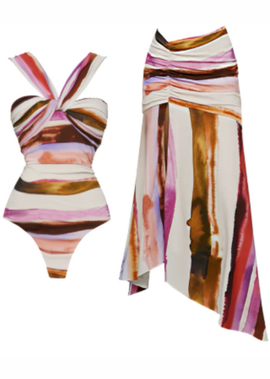 Watercolor Stripe Swimsuit & Asymmetrical Skirt Set