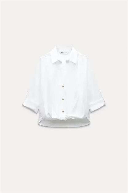 White Casual Lapel Top with Knot Detail LAPANIA