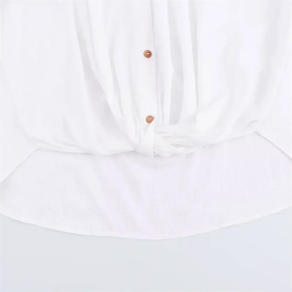 White Casual Lapel Top with Knot Detail LAPANIA