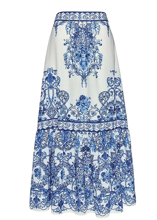 White skirt with blue floral pattern on a white background