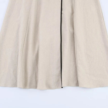 Beige Sleeveless V-Neck Belted Midi Dress LAPANIA